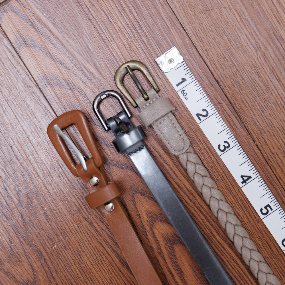 Lot of 3 Womens Skinny Belts Tan Metallic Gunmetal Beige Braided Faux Leather